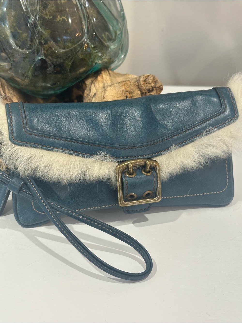 Coach Leather Wristlet Clutch with Fur Trim